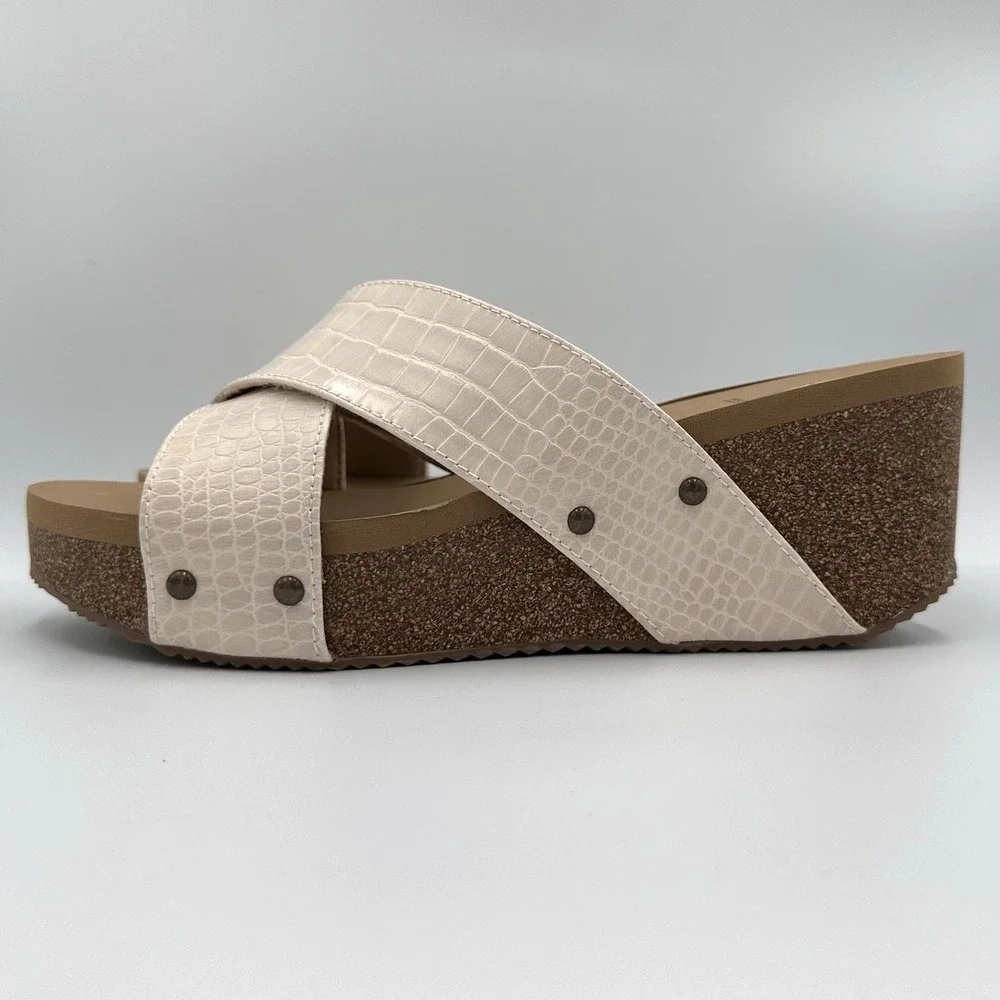 Volatile Riverside Sandals Womens Size 11 Beige Croco Wedge Platform‎ Slide NEW